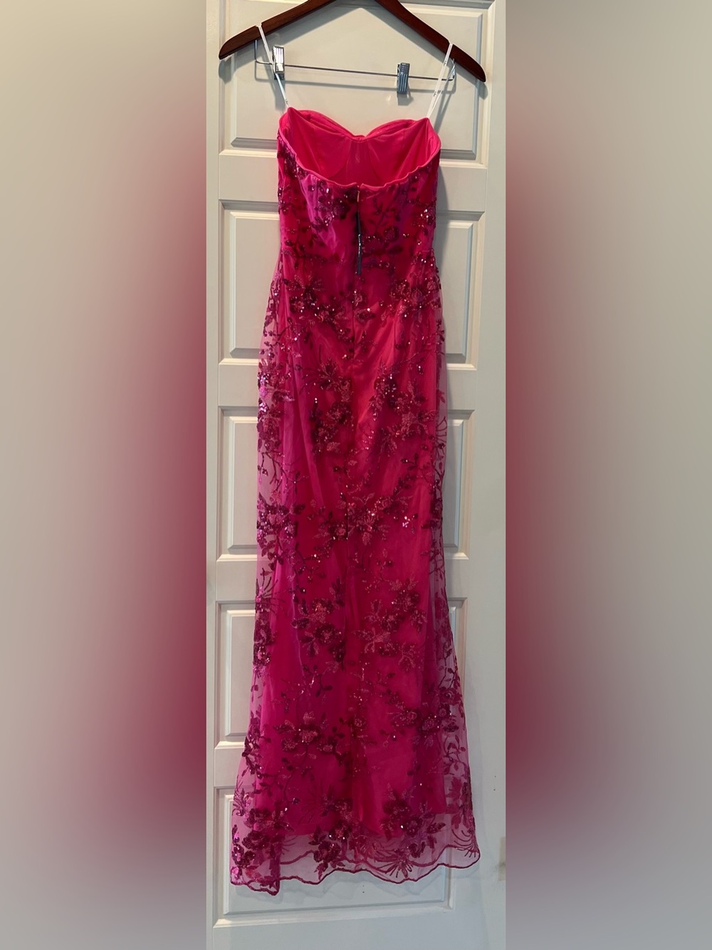Lulu's Hot Pink Strapless Floral Sequin Prom Gown - Picture 5 of 5